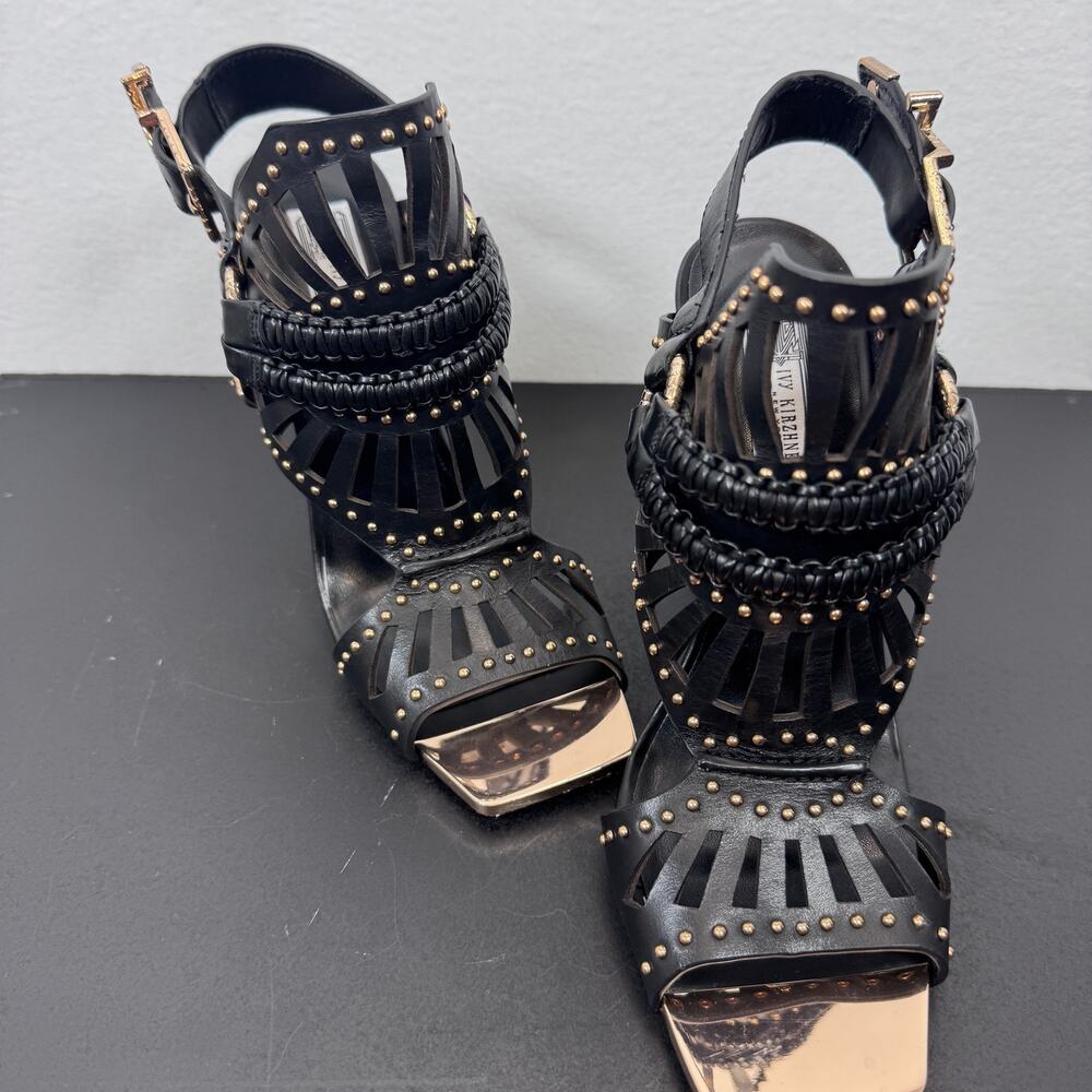 Ivy Kirzhner NY Strappy Studded Black Gold Heels Sandals Punk Glam Designer 7.5m - Picture 7 of 8